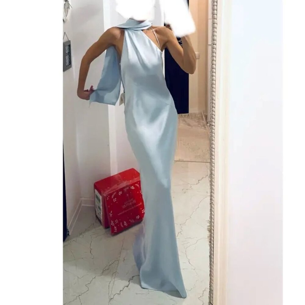 Massimo Dutti Baby Blue wedding dress neck bow fishtail backless gown long maxi